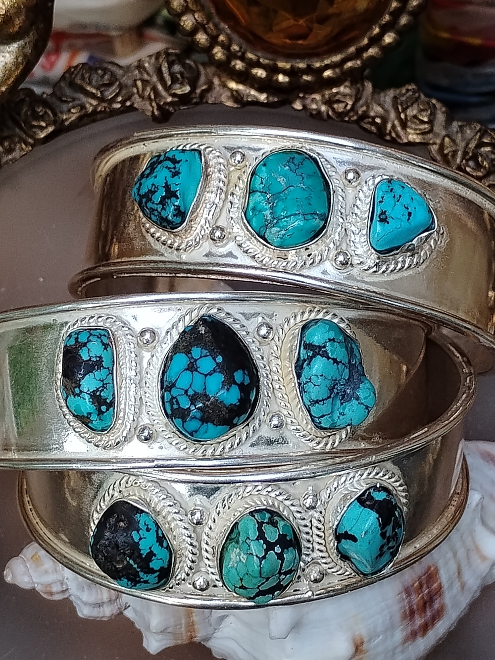Turquoise Stone Silver-Plate Cuff Bracelet - Blue Green
